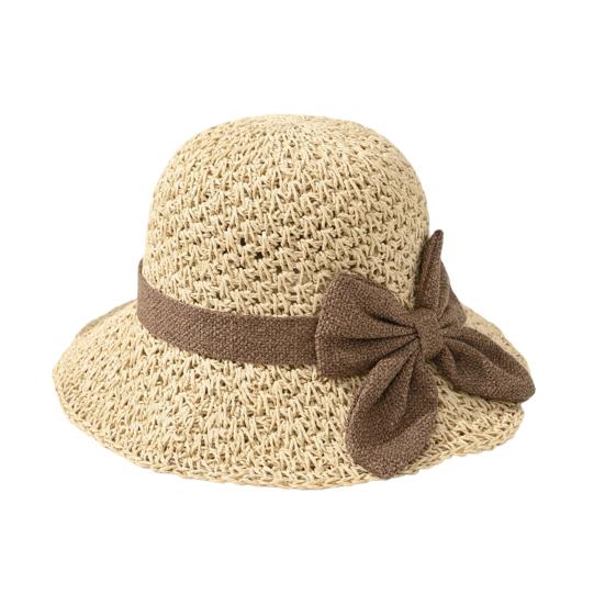 

Bucket Hat Hand-Woven Natural Straw Breathable Wide Brim Sun Protection Foldable Portable Travel Hat with Bow бежевый