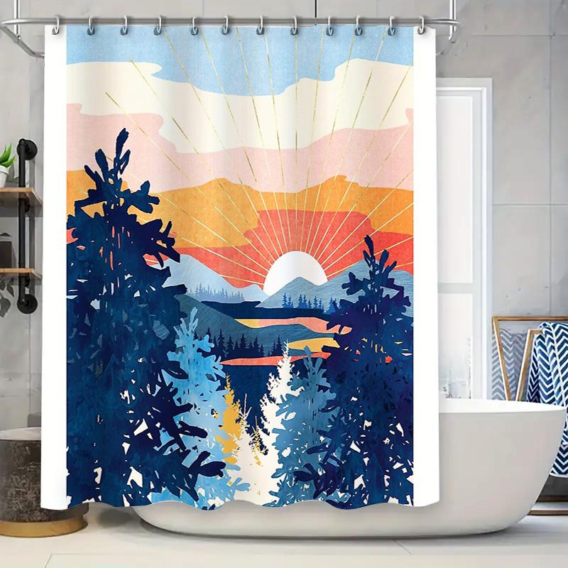 

Nature Landscape Shower Curtain Mountain Forest Scenic Backdrop Bathroom Decor Teal Blue Artistic Wall Hanging Modern Home Texti W60H190(CM)-1 Pcs