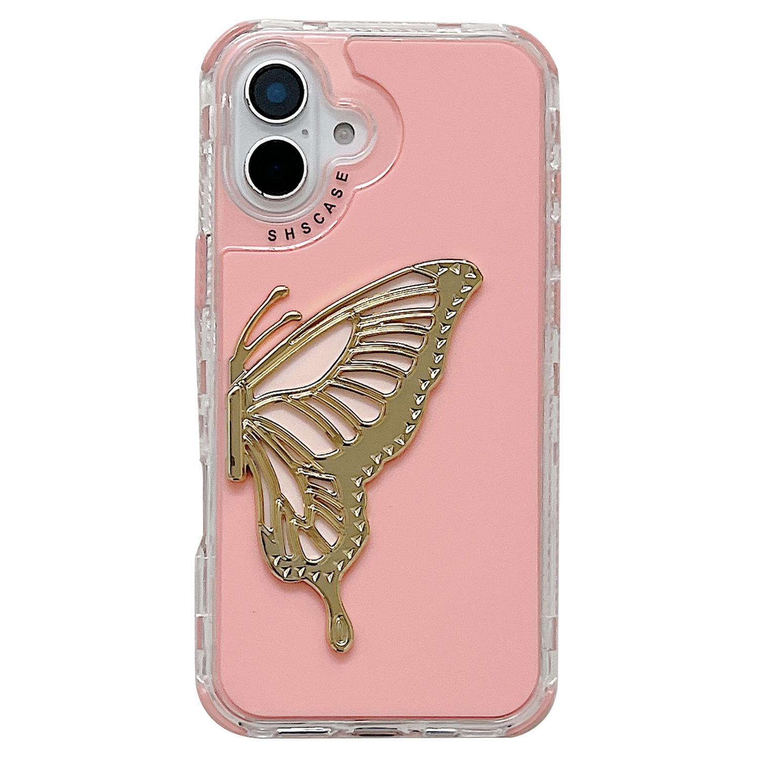 

For iPhone 16 Case Butterfly Kickstand TPU+PC Drop-Proof Phone Cover - Pink