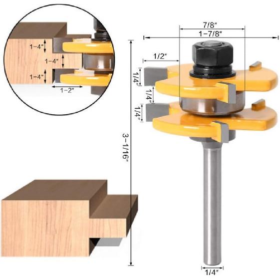 1/4 Inch Shank Router Bit Set, 3PCS Tongue and Groove Router Bits, 45 Degree Joint Router Bits, 3 Teeth T Shaped Wood Milling Cutter Set for