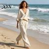 Casual Two-piece Outfit Women's 2 Piece Cotton Linen Set, Long Sleeve V Neck Blouse Spring Autumn Women Wear And Wide Leg Pants Matching Summer