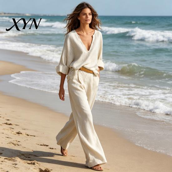 Casual Two-piece Outfit Women's 2 Piece Cotton Linen Set, Long Sleeve V Neck Blouse Spring Autumn Women Wear And Wide Leg Pants Matching Summer