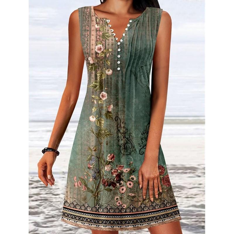 

Платье без рукавов с цветочным принтом, с застежкой на пуговицах спереди, с геометрической отделкой подола, летнее пляжное платье зеленого/розового/синего цвета S зелёный