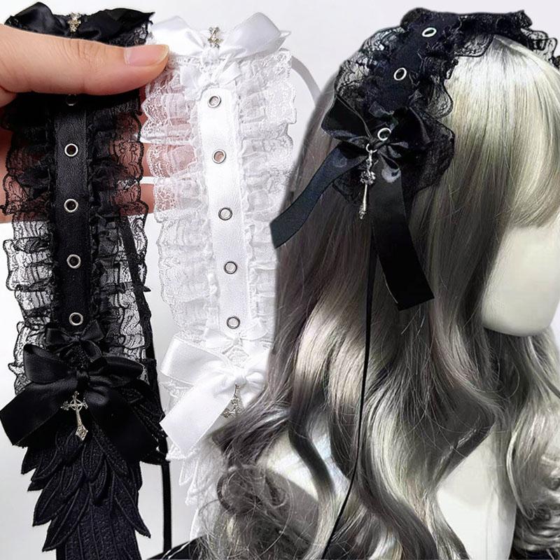 Harajuku Gothic Lolita Cosplay Headwear Sweet Lovely Girl Subculture Wing Angel Lace Flounce Fold Headband Hair Accessories