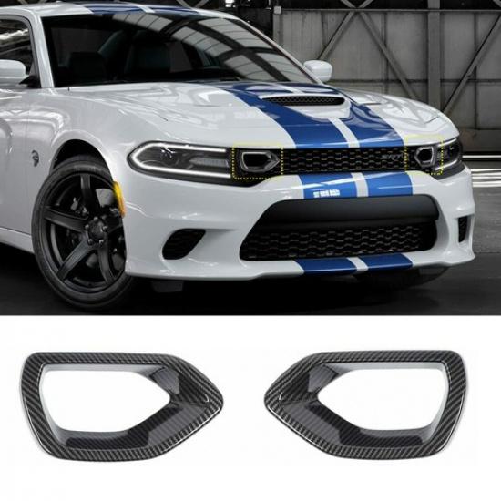 2PCS Front Bumper Center Grill Grille Cover Carbon Fiber for 2015+ Dodge Charger