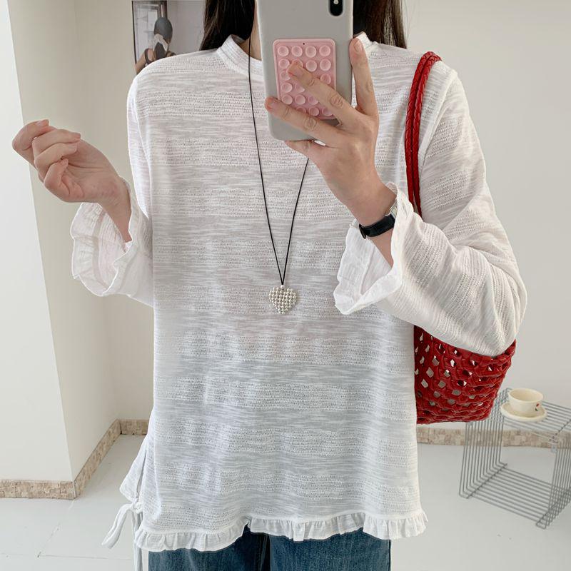 Women s Spring Lace Long Sleeve Tie-Up Bamboo Cotton T-Shirt One Size белый
