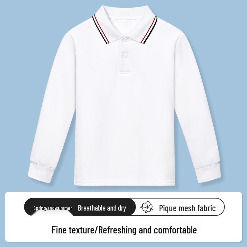 Children's White Cotton Polo Shirt with Striped Collar - Long Sleeve School Uniform for Boys and Girls