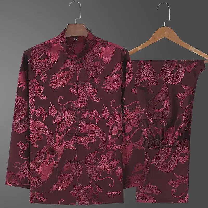 Ice Silk Tang Suit Long-Sleeved Shirt: Men's Chinese-Style Spring/Autumn Dress for Middle-Aged and Elderly