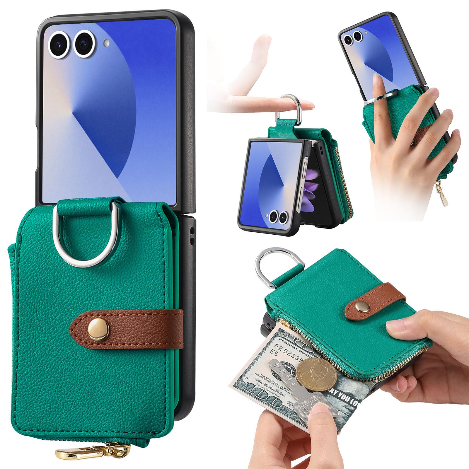 

For Samsung Galaxy Z Flip7 5G Case Zipper Pocket Leather+PC Phone Cover with Ring Holder Green