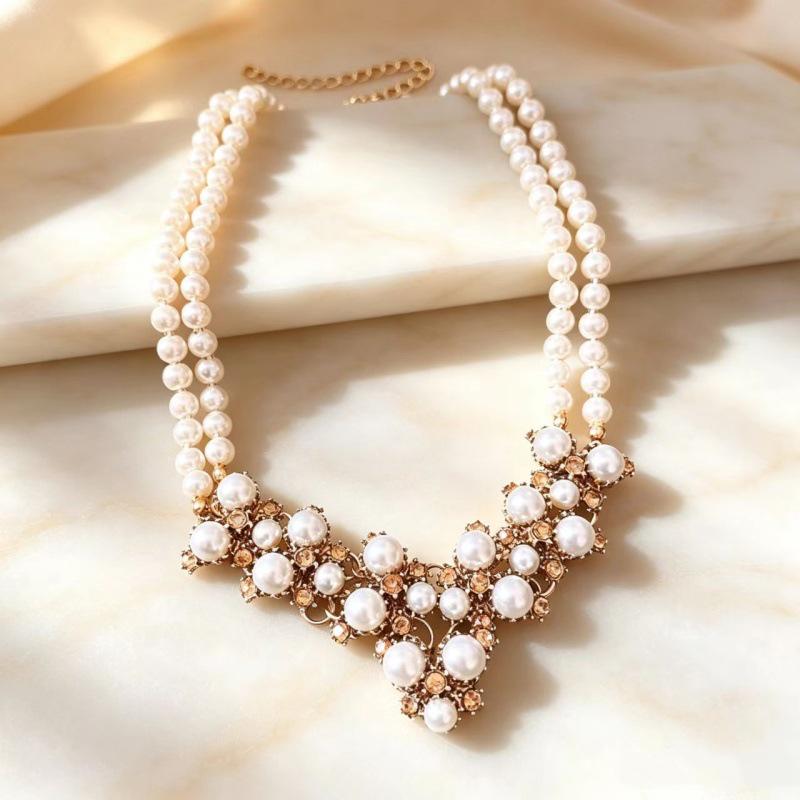 Retro Rhinestone Pearl Necklace & Earring Set for Women - Dress Accessories