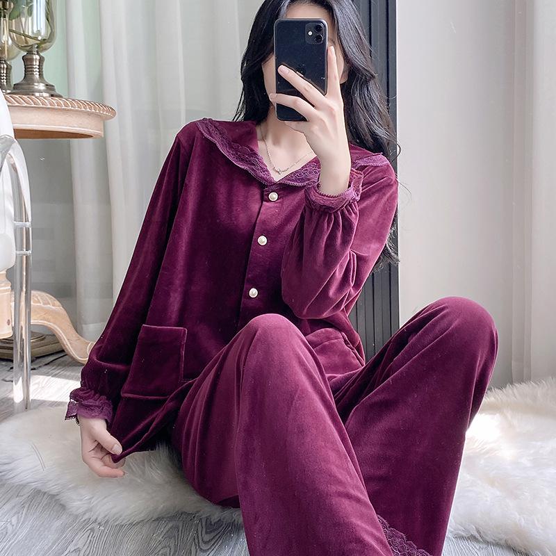 

Женский ретро красный флисовый пижамный комплект с кружевом - Осень/Зима Благородный придворный стиль XL