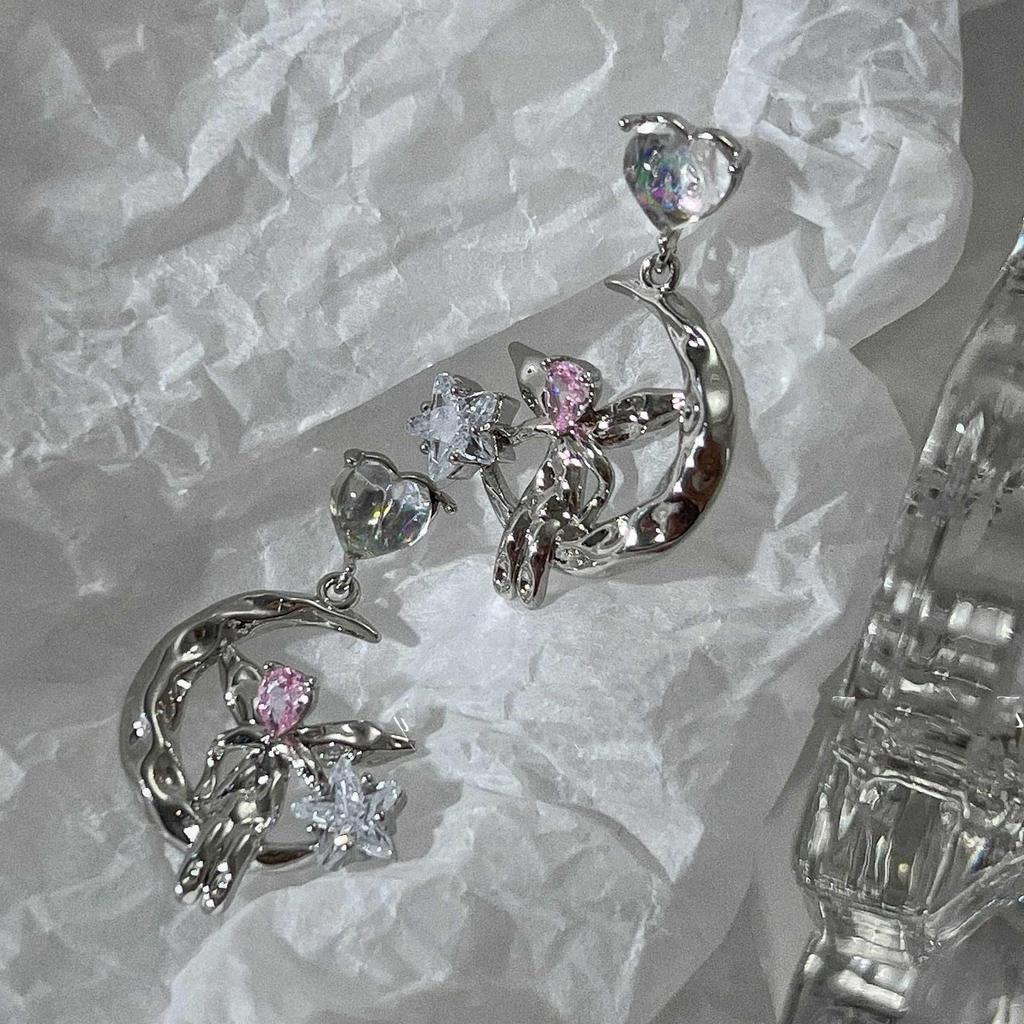 Love Zircon Star Stud Earrings Popular Summer Earrings Niche Design Moon Elf Earrings