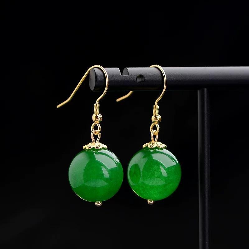 Trendy Green Chalcedony Dangle Earrings Gold Plated Hooks Glossy Natural Round Beads for Date Night Outfit