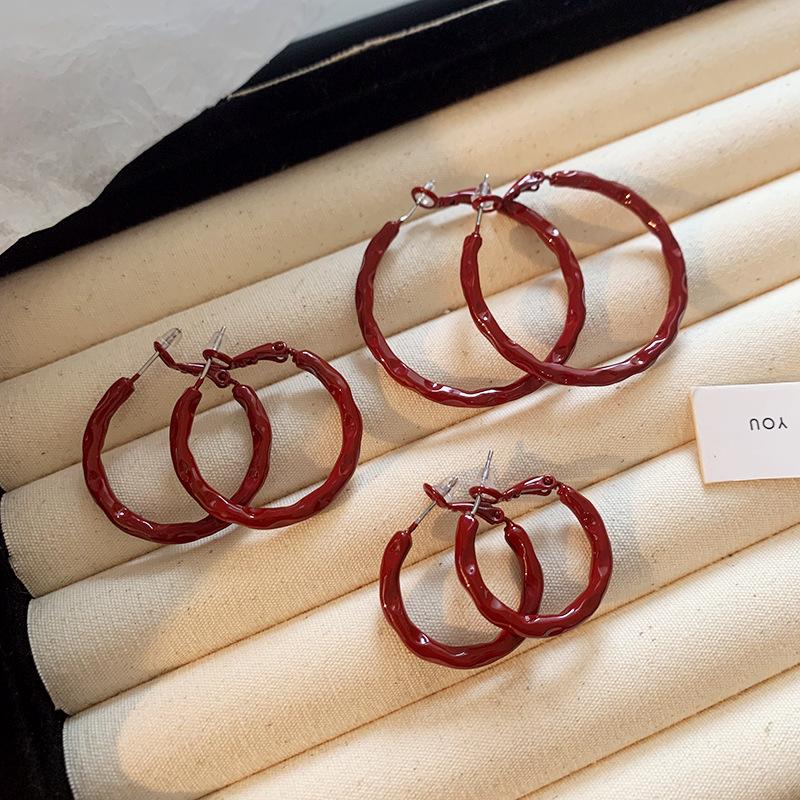 Ankola red round plain ring earrings retro Hong Kong style high-end earrings light luxury temperament versatile earrings