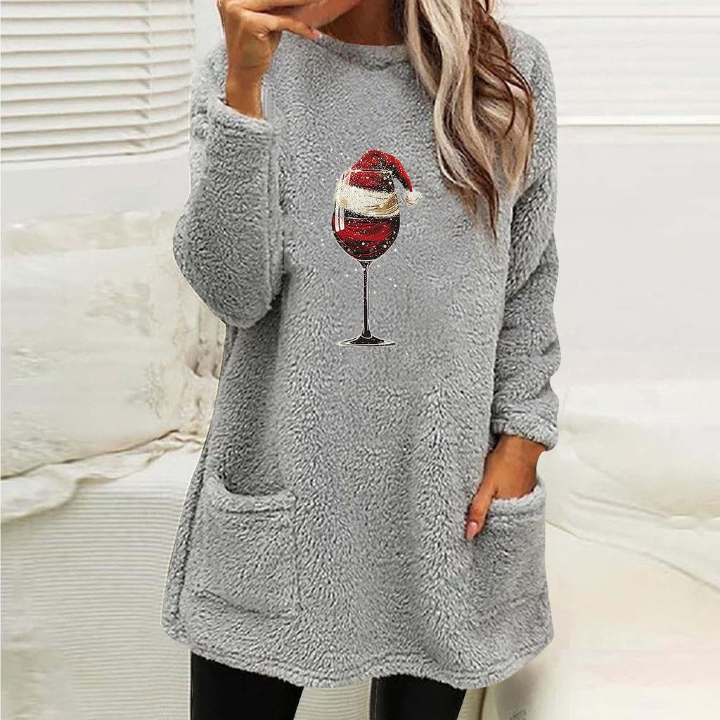 Women's Loose Long Sleeve Christmas Wine Glass Hat Print Fleece Hoodie