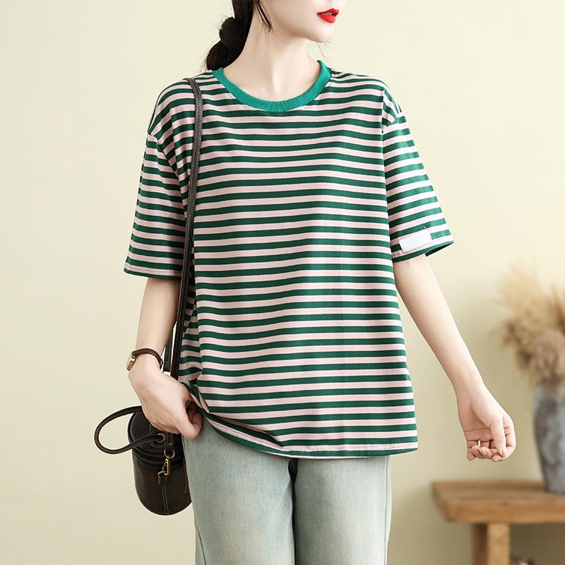 

DIMANAF 2025 New Summer Women Loose Plus Size T-Shirt Short Sleeve Basic Casual Stripe Tops XL зелёный