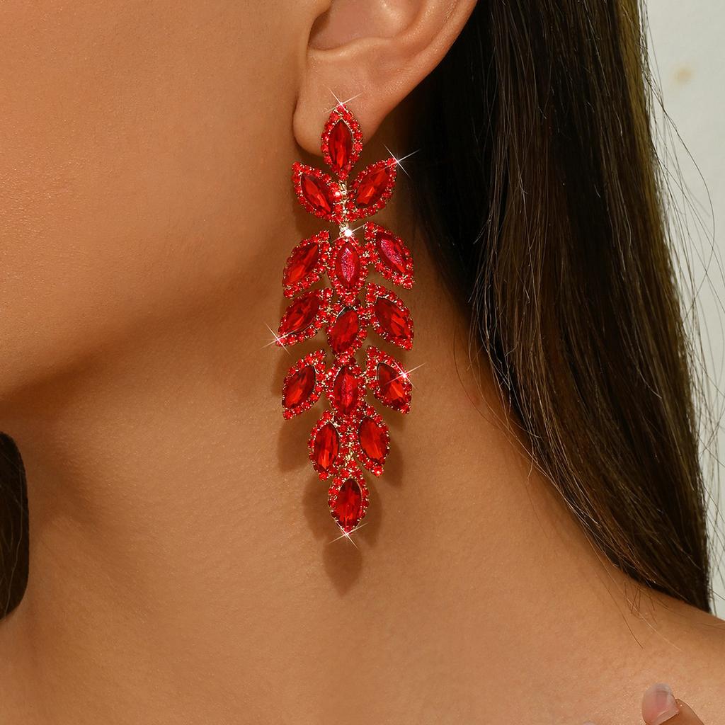 O Pereche de Cercei Exagerați Supradimensionați, Stil Lung pentru Femei, Față Rotundă cu Diamante, Cercei Modele Frunză