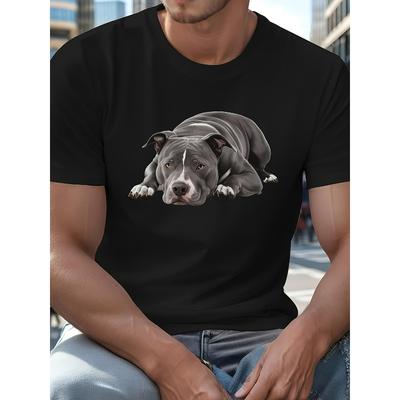 European Sizes Men's Breathable Cotton T-Shirt - Casual Crew Neck with Gray Pit Bull Graphic, Machine Washable