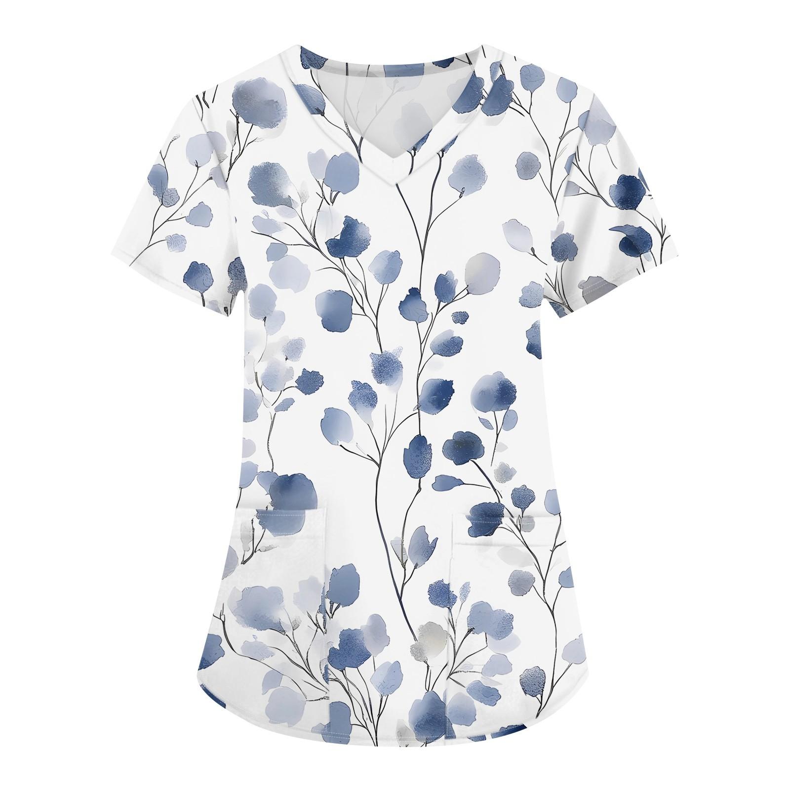 

Женская мода с v-образным вырезом, короткими рукавами и карманами, топы с принтом M белый