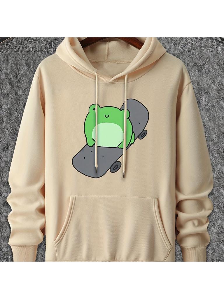 Cartoon Frog Skateboard Hoodie Front Street Style Print Loose Long Sleeve Casual Fleece Pullover Sweatshirt