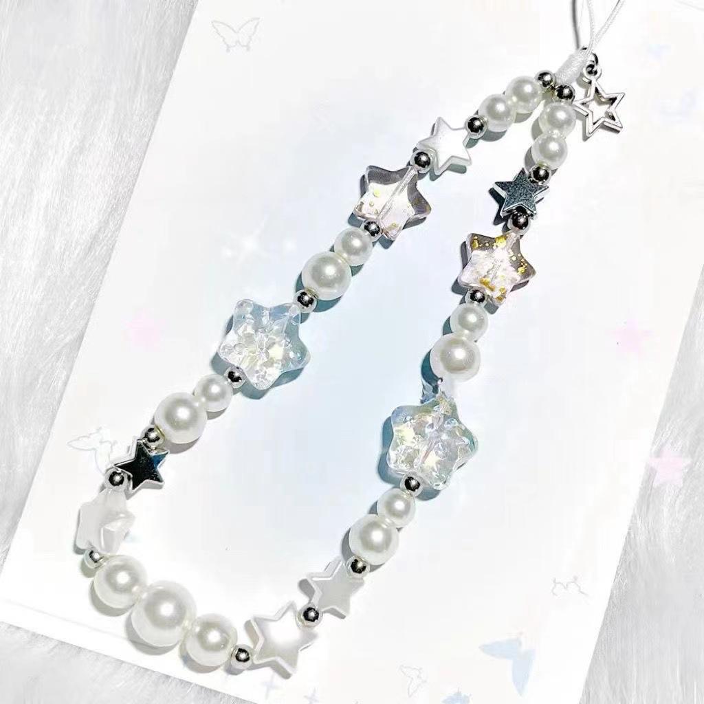 Mobile phone chain with Korean pearl and star pendants, short beaded chain, phone case lanyard, wrist accessory for girls