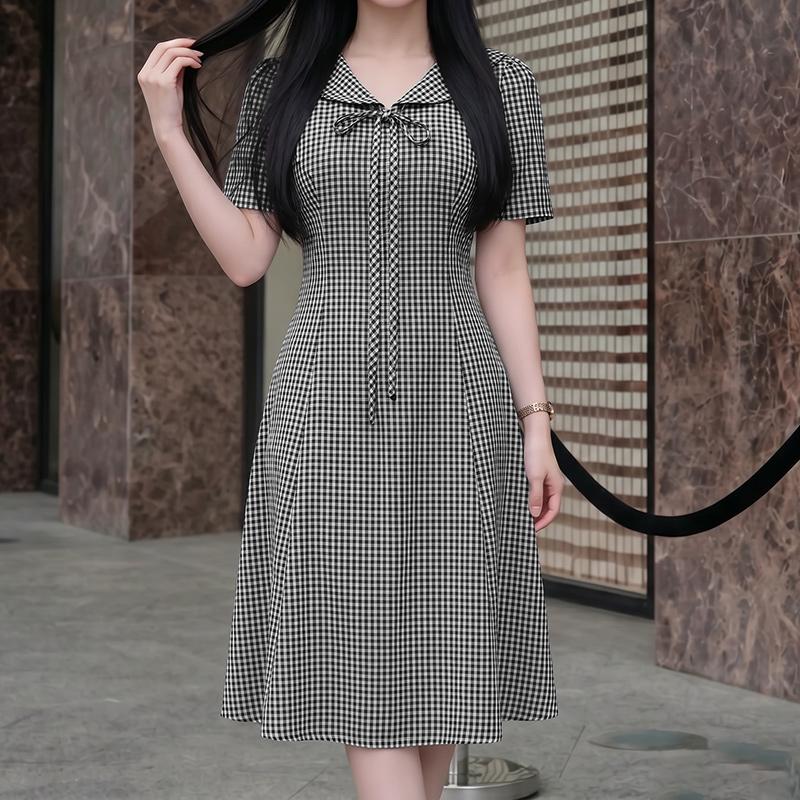ZANZEA Women Elegant Doll Collar Summer Casual Plaid Print Short Sleeve Dress S