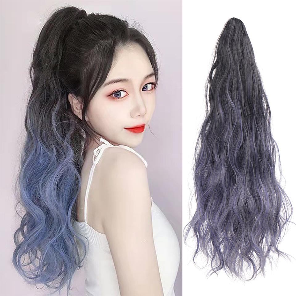 Extension de Cheveux Synthétiques Longs Lisses à Pince Queue de Cheval 22 Pouces Noir Mèches Bleues Grises Postiche Queue de Cheval Perruque Pour Femmes
