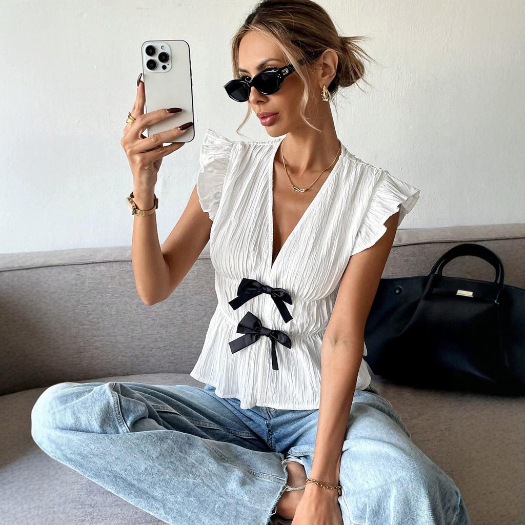 Women's summer vacation style European and American short-sleeved shirt bow cardigan shirt women's