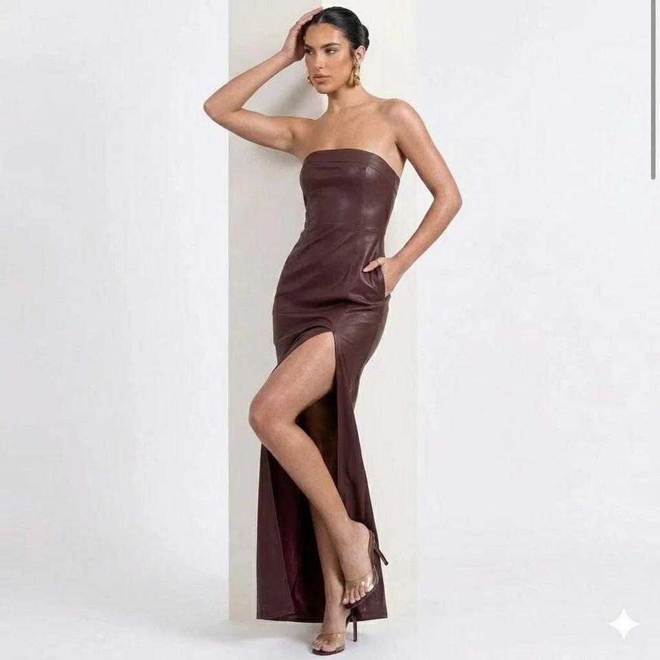 Stylish Women's Dress Elegant Fit Handmade Genuine Brown Real Lambskin Leather