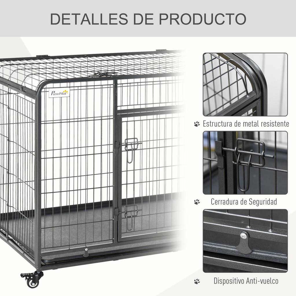 Dog Cage, Foldable Metal, for Large Dogs, 125 x 76 x 81 cm, Wheels, Dark Grey