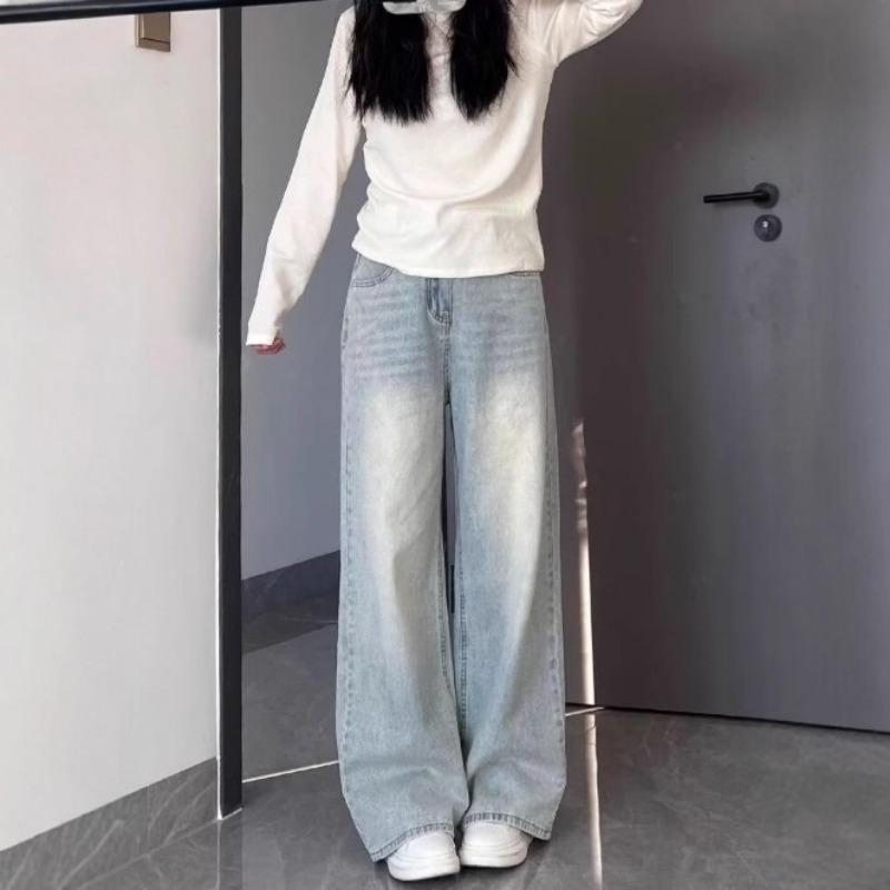 

Светлые прямые джинсы для женщин на осень, новинка, большого размера, свободные, стройнящие, струящиеся, для фигуры груша , широкие брюки S