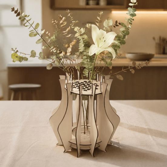 Handcrafted Floral Display for Shelf Wooden Puzzle Flower Vase, Stand Flowers or Minimalist Arrangement Pots Office Artificial Flowers, Decorative