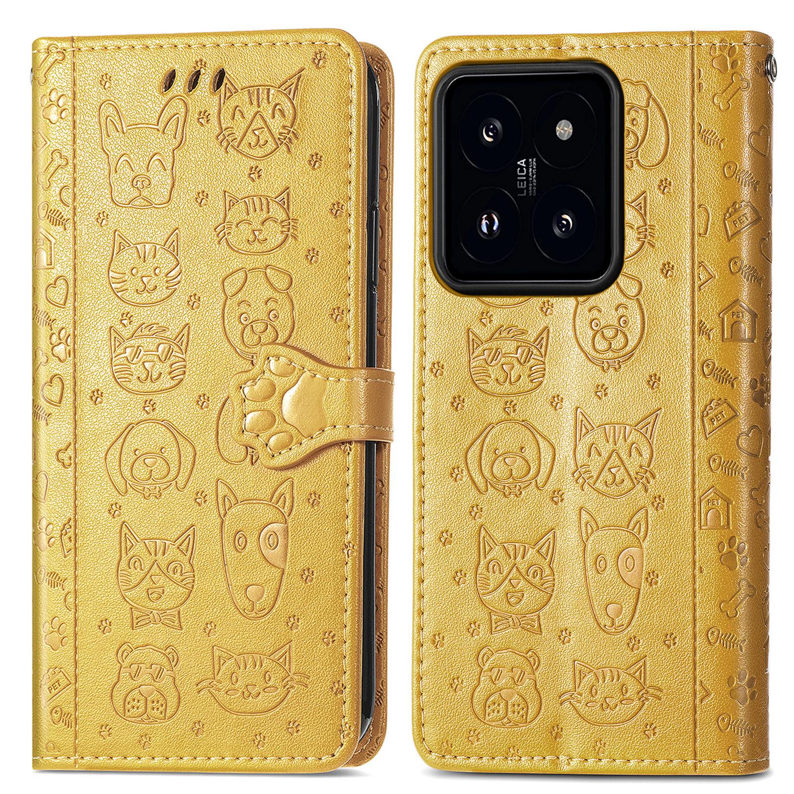 

For Xiaomi 14T Pro Leather Wallet Case Flip Phone Cover with Cute Cat Dog Pattern Yellow
