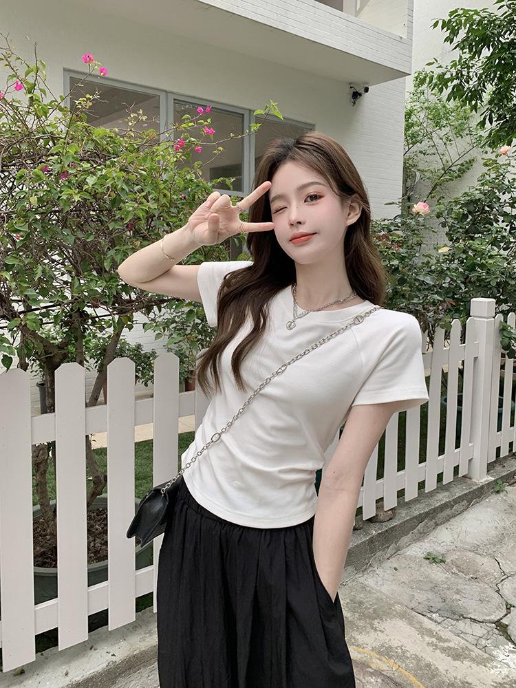 Purple Spice Girl Back Hollow Short Sleeve T-Shirt Women s Summer New Design Slim Fold Pleated Niche Top S белый
