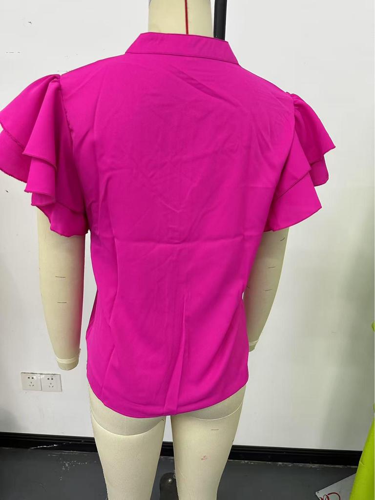 2025 Women's Summer V-Neck Casual Shirt with Double-Layer Ruffle Sleeves