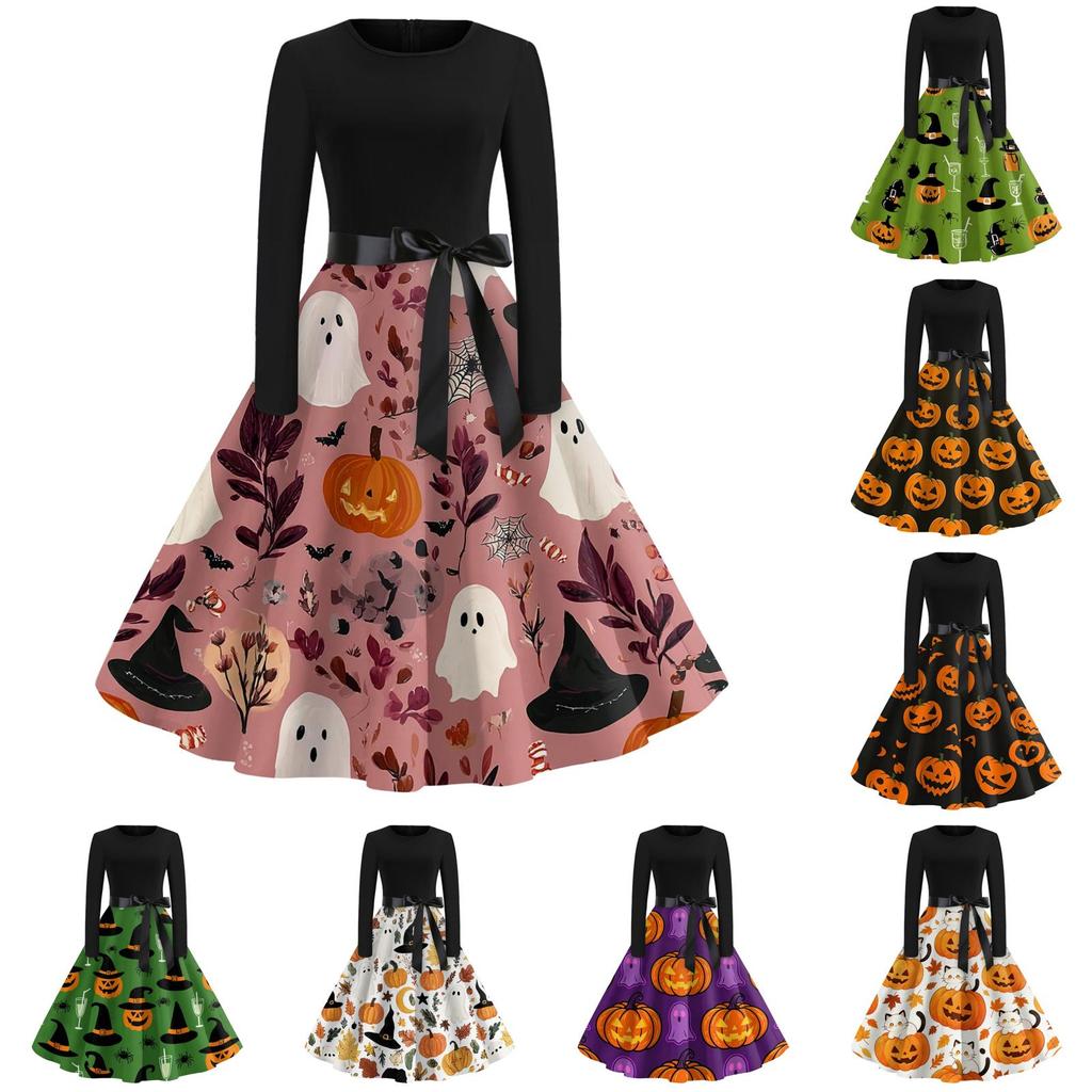 Womens Casual Fit and Flare Dress Long Sleeve Round Neck Halloween Print Dress with Flared Skirt and Waist Tie Belt