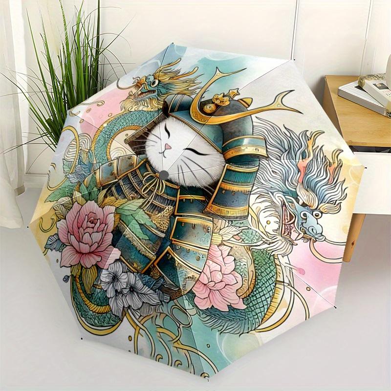 1pc Samurai Cat in Armor Pattern Umbrella, Fashionable, Personalized, High-Value Folding Umbrella, a Must-Have for Summer, 8-Rib Durable Iron Frame, T