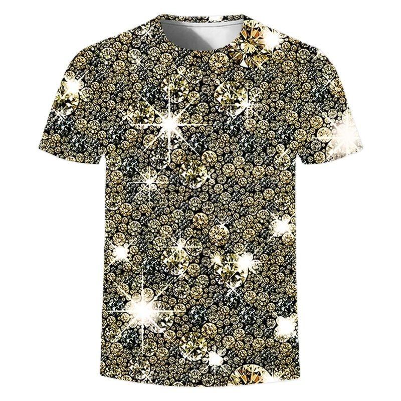 Verano Nuevo 3D Dorado Moda Digital Harajuku Estampado Manga Corta Cuello Redondo Masculino Casual Personalidad Hip Hop Calle Camiseta Tops