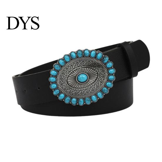 Kék Türkiz Övcsat Western Retro Design Patinázott Ezüst Műbőr Széles Navajo Etnikai Stílusú Öv