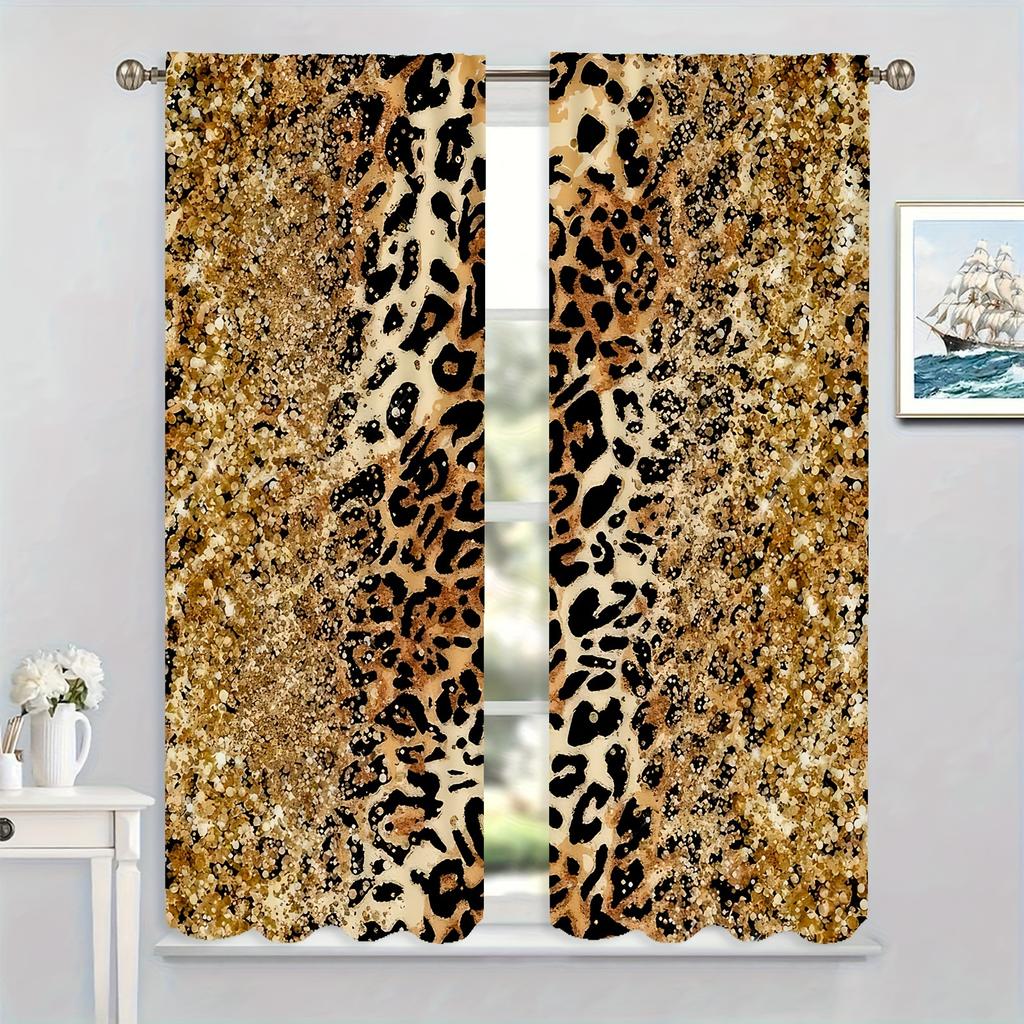 Set Of 2 Luxury Golden Leopard Curtains Hd Digital Print Design Living Room Bedroom Study Window Decor Style Curtain With Rod Pocket Polyester Ideal