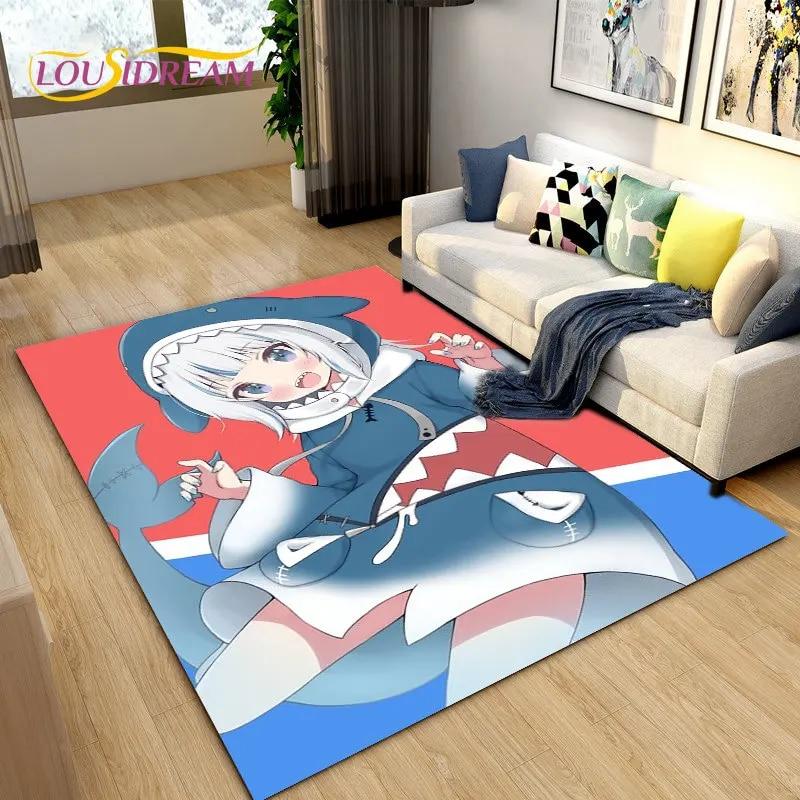 Gawr Gura Hololive Roztomilý Anime Žralok Oblastní Koberec, Kobercový Koberec do Obývacího Pokoje Ložnice Pohovka Dekorace Rohožka, Dětská Protiskluzová Podložka na Podlahu