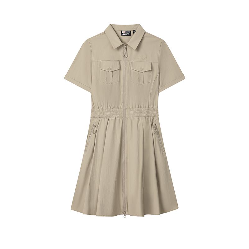 Fila Original Skin-Friendly UV Resistant Versatile Simple Cool Short Sleeve Dress Women Dresses Khaki F11W529301F-LK