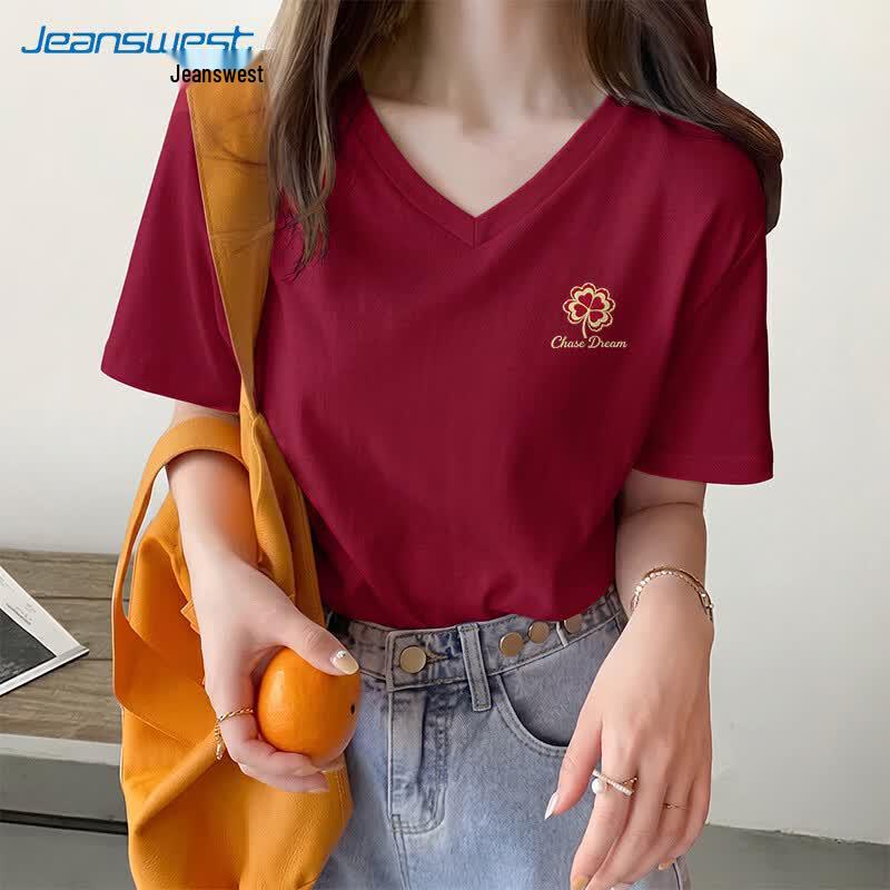 Jeanswest Women's V-Neck Cotton Short Sleeve Graphic T-Shirt