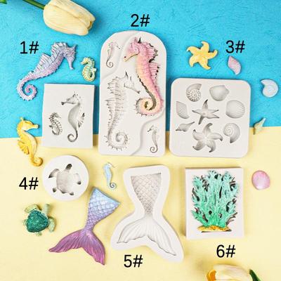 Meeresbewohner Fondantform: Meerjungfrauenflosse, Seepferdchen, Koralle, Meeresschildkröte, Muschel, Seestern