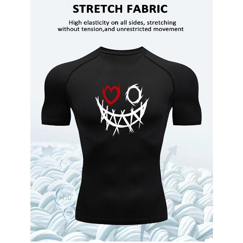 Men's White Evil Smile Print Compression T-Shirt, Quick Dry Breathable Workout Top