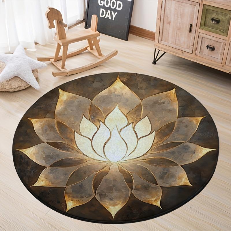 

Modern Artistic Lotus Round Area Rug For Living Room Bedroom Aesthetic Gold Floral Large Carpet Home Decor Non-slip Floor Mat 80cm x 80cm