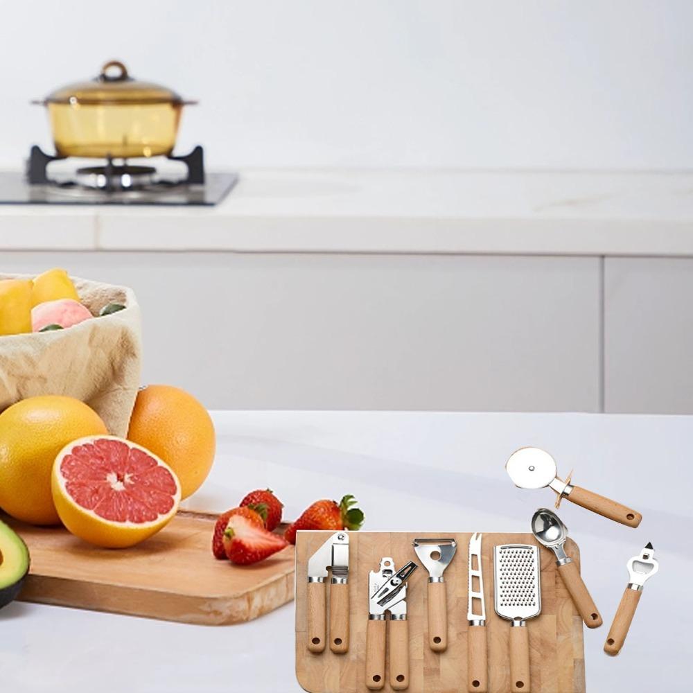 9 PCS Silver Wooden Color Kitchen Utensil Set Stainless Steel Kitchen Gadget Set  Baking Cooking