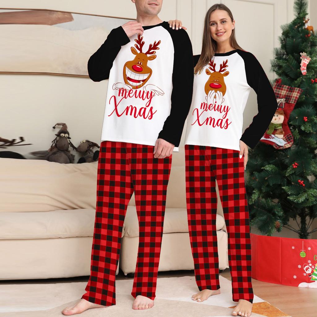 Vánoční sada pro rodiče a děti s kulatým výstřihem a dlouhým rukávem kostkovaná vánoční sada pro domácí oblečení Family Set