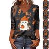 Women's Casual V-Neck Three-Quarter Sleeve Top with Halloween Print for Fall Party Wear
