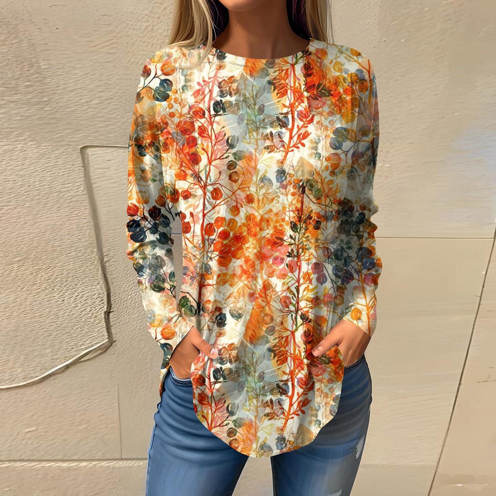 

Tee Shirts For Women Fall Casual Long Sleeve Fashion Top Printed Pullover Top XL оранжевый